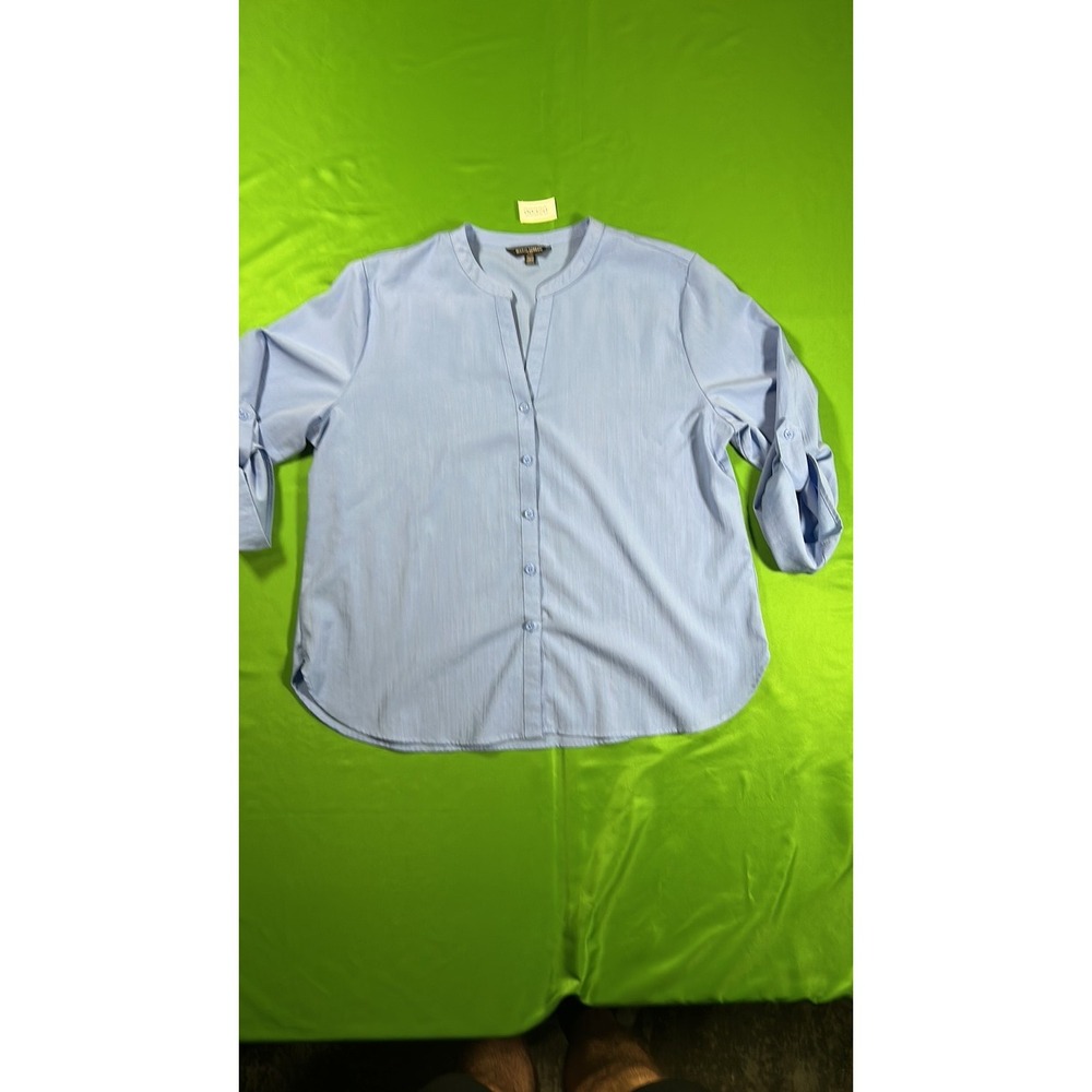 Mario Serrani Italy Light Blue Split Neck Roll-Tab Sleeve Blouse Size 2XL